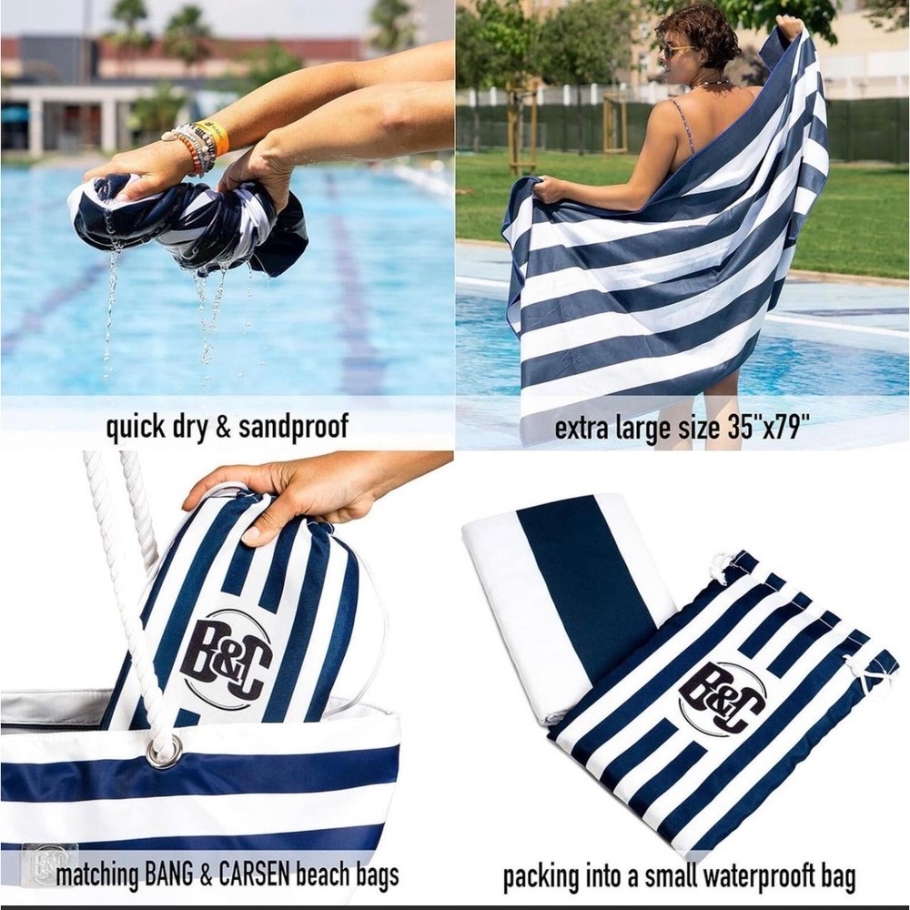 Bang & Carsen XL Microfiber Beach Towel‎ 35x79 Quick Dry Sandproof Navy Stripe